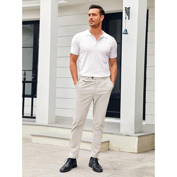 🆕Men Cream Slim Fit Front Stretch Skinny Tapered Dress Pant Comfort Casual Pant - Picture 4 of 5